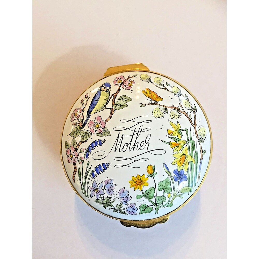 VTG 90's Crummles & Co. "Mother" Enamel Trinket Box From Gumps of San Francisco